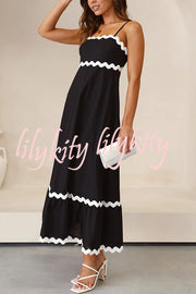 Bayside Beauty Wave Trim Patchwork Back Smocked Suspender Maxi Dress