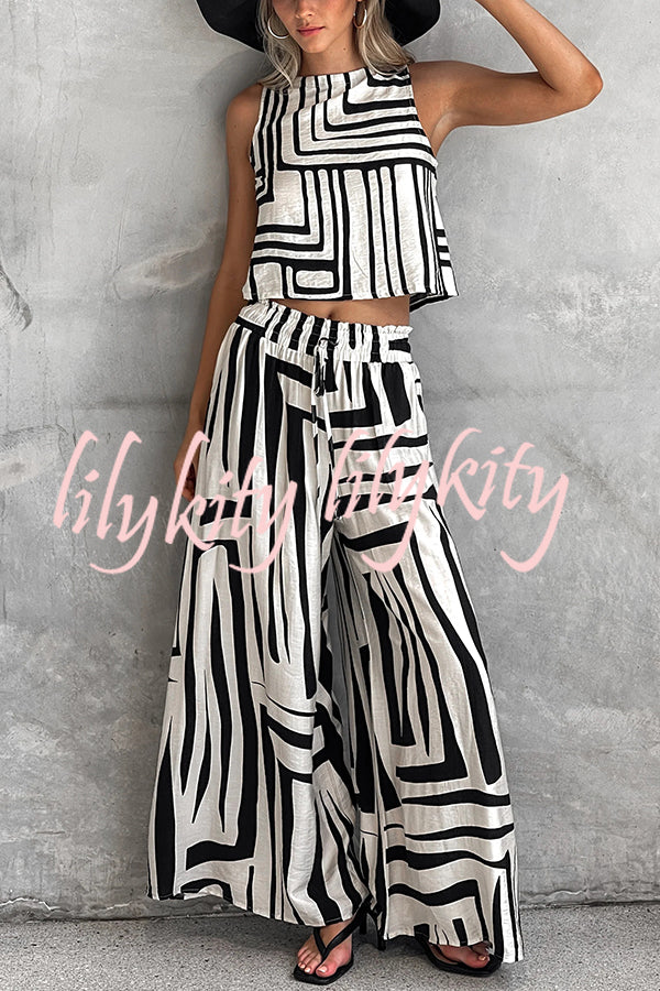 Striped Printed Sleeveless Casual Top and Elastic Waist Loose Pocket Wide-leg Pants Set