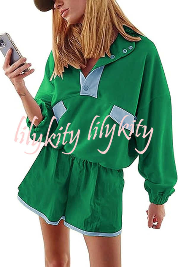 Fashion Contrast Color Stitching Stand Collar Long Sleeve Top and Elastic Waist Loose Pocket Shorts Set