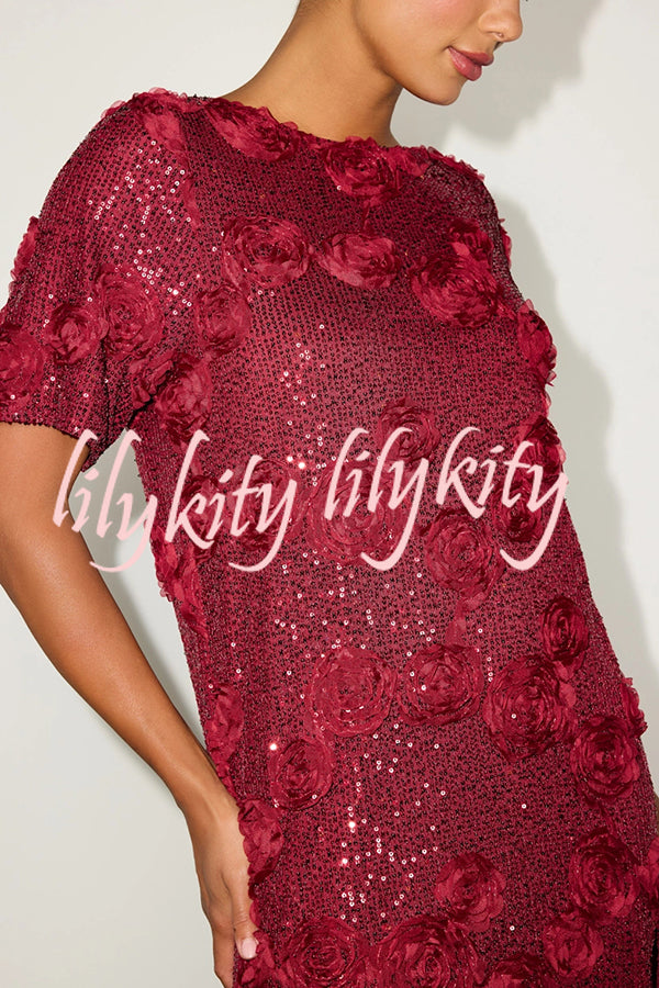 Feeling Exquisite Sequin-embellished Rose Texture Short Sleeve H-line Mini Dress