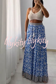 Unique Print Elastic High Waist Tie Pocket Wide Leg Pants