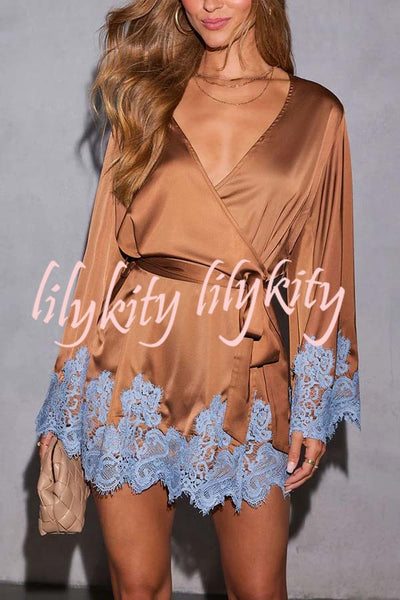 Joyful Bond Satin Lace Trim Contrast Color Bell Sleeve Tie-up Kimono Mini Dress