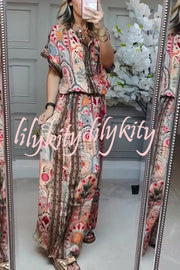 Unique Printed Loose Short-sleeved Top and Elastic Waist Casual Wide-leg Pants Set