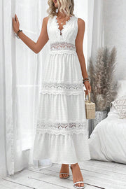 Solid Color Hollow Lace Splicing V-neck Sleeveless Maxi Dress