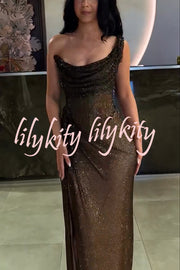 Glitzy Gala Sequin One Shoulder Ruched Slit Maxi Dress