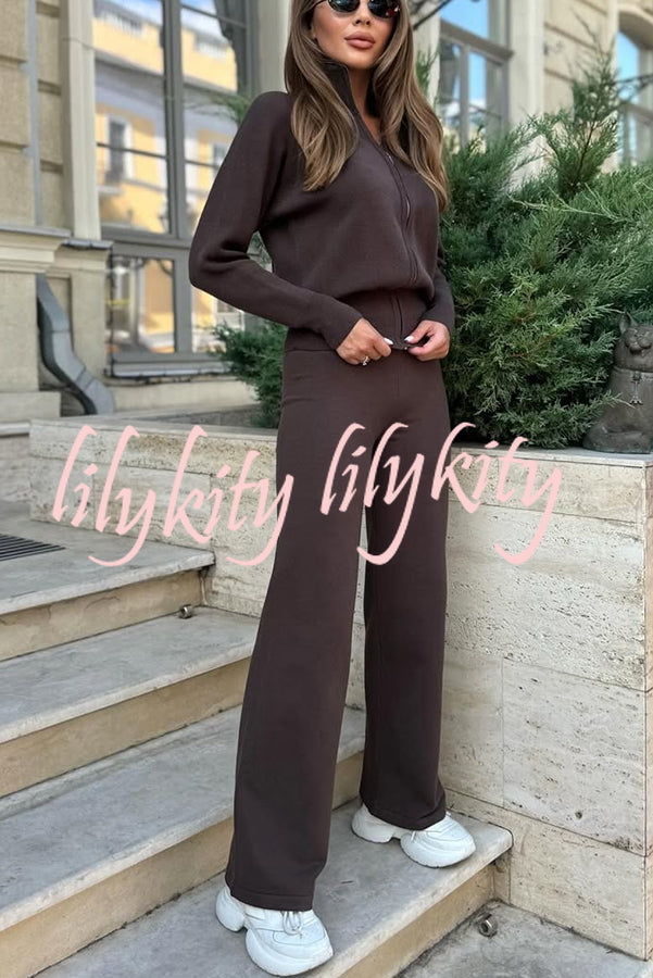 Cozycore Knit Zipper Long Sleeve Cardigan and Stretch Wide Leg Pants Set