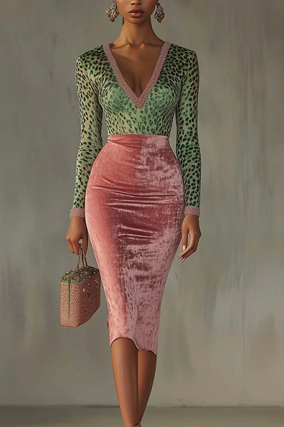 Fashionable Velvet Patchwork Stretch Slim Midi Dress