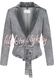Casual Meetup Denim Stand Neck Long Sleeve Belted Loose Jacket
