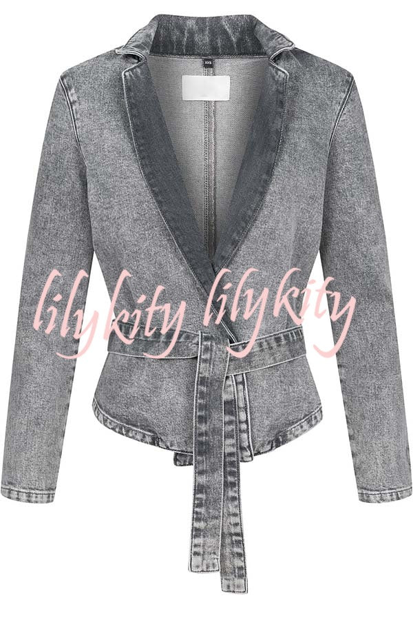 Casual Meetup Denim Stand Neck Long Sleeve Belted Loose Jacket