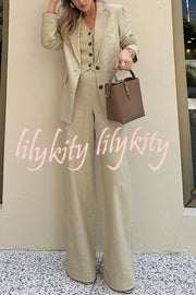 Solid Color Lapel Blazer + Slim Waistcoat and Pocket Wide-leg Pants Three-piece Set