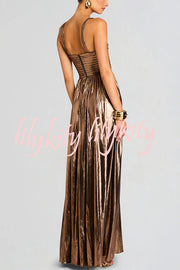 Artistic Quality Metallic Pleated Fabric Removable Straps Slit Maxi Dress