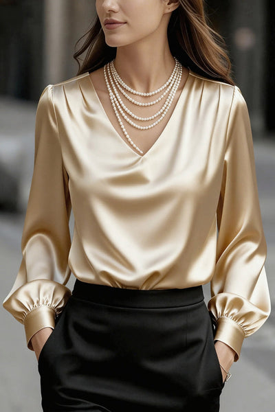 Solid Color Satin V-neck Puff Sleeve Casual Shirt