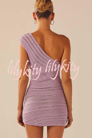 Solid Color Sexy One Shoulder Hollow Stitching Slim Fit Knitted Mini Dress