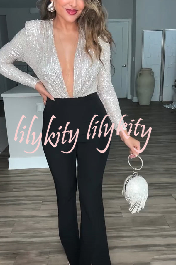 Alora Sequin Wrap Front Plunge Neck Long Sleeve Bodysuit