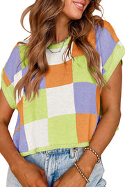 Fashionable Checkerboard Color Block Short-sleeved Loose Sweater