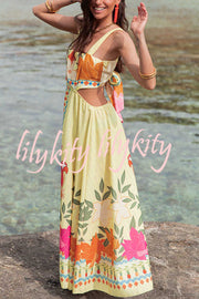 Resort Style Unique Print Sexy Square Neck Backless Waist Maxi Dress