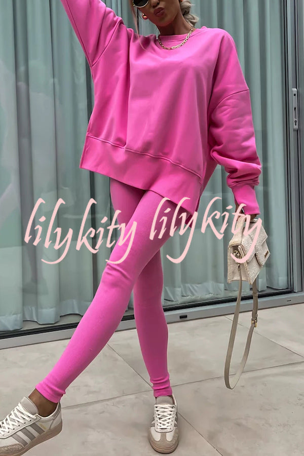 Solid Color Loose Long Sleeve SlitSweatshirt and Elastic Waist Tight Pants Set