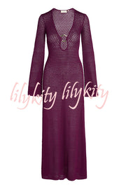 Seaside Goddess Crochet Knit Hollow Out Golden Ring Long Sleeve Cover-up Maxi Dress