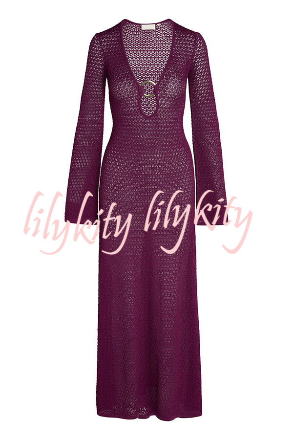 Seaside Goddess Crochet Knit Hollow Out Golden Ring Long Sleeve Cover-up Maxi Dress