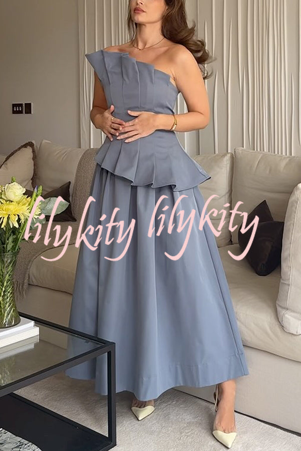 Fashionable Chic Off Shoulder Structured Pleat Corset A-line Midi Dress