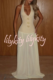 Giselle Gold Starfish Hardware Halter Back Lace-up Tulle Maxi Dress