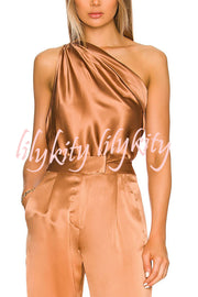 Christmas Dinner Satin Ruched One Shoulder Loose Tank