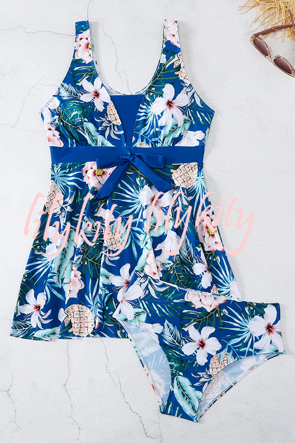 Cheerful Floral Print Bow Detail Tankini Swimsuit Set