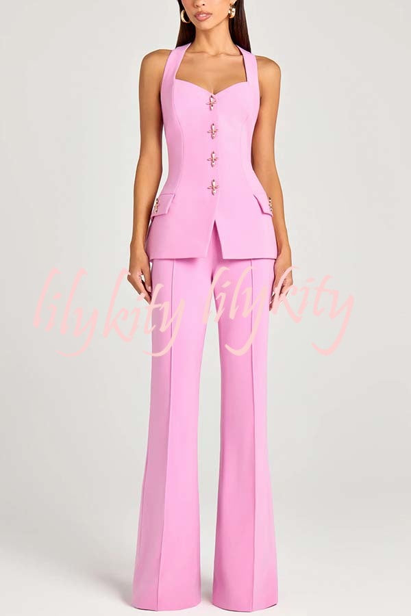 Women Power Metal Cross Snap Button Sweetheart Neck Wide Strap Vest