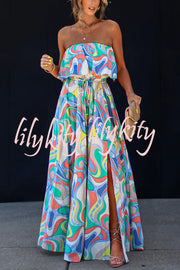 Like Fine Art Printed Strapless Elastic Waist Maxi Dress