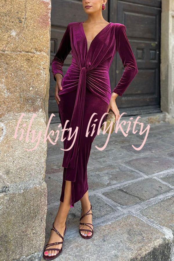 Elisabeth Luxurious Velvet Padded Shoulders Long Sleeve Twist Waist Drape Midi Dress