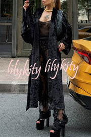Gorgeous Glossy Velvet Long Bell Sleeve Tie-up Pocket Midi Kimono Coat