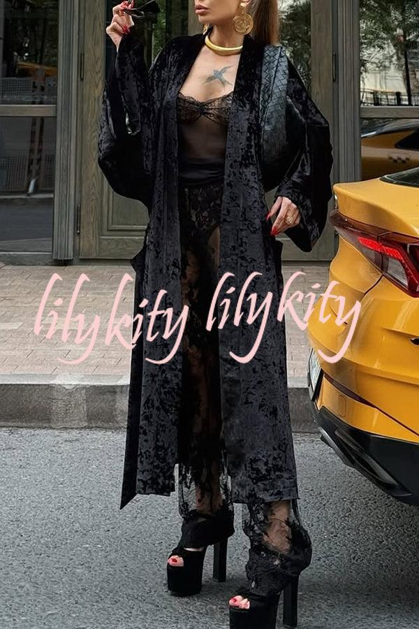 Gorgeous Glossy Velvet Long Bell Sleeve Tie-up Pocket Midi Kimono Coat