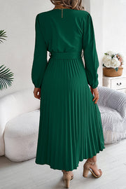 Solid Color Elegant V-neck Buttoned Lace-up Pleated Maxi Dress