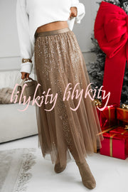 Party Daydream Sequin Tulle High Rise Elastic Waist Maxi Skirt