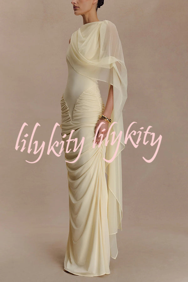 Fashionable Mesh Shawl Sleeveless Slim Fit Pleated Maxi Dress
