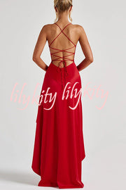 Samira Satin Back Lace-up Ruffles High Low Slit Maxi Dress