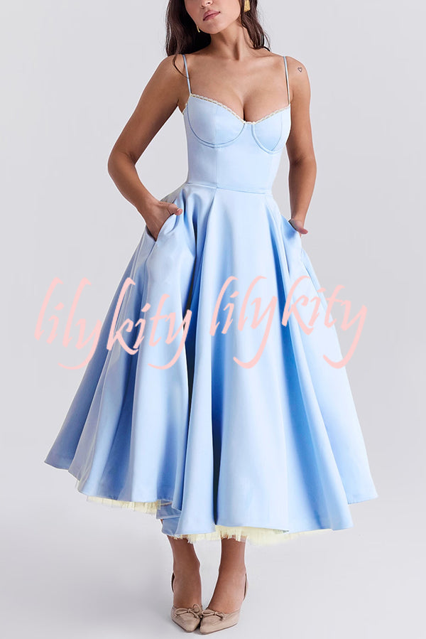 Fairytale Vibe Satin Patchwork Tulle Sweetheart Neck Pocket Stretch Midi Dress