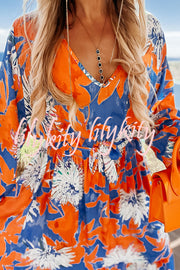 Unique Print V-Neck Long Sleeve Full Hem Holiday Maxi Dress