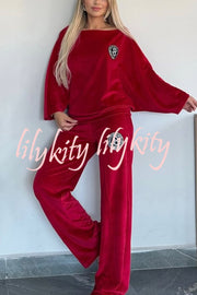 Solid Color Velvet Round Neck Bat Sleeve Casual Top and Elastic Waist Loose Pocket Pants Set