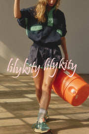 Fashion Contrast Color Stitching Stand Collar Long Sleeve Top and Elastic Waist Loose Pocket Shorts Set