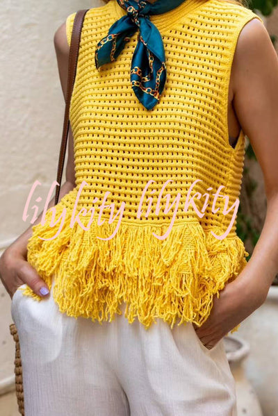 Solid Color Round Neck Sleeveless Hollow Tassel Loose Vest