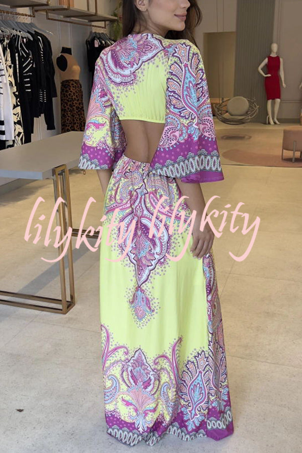 Stand Out and Shine Palace Style Print Bell Sleeve Backless Vacation Maxi Dress