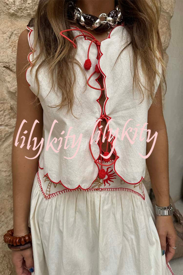 Sunny Day Linen Blend Contrast Embroidered Print Scallop Trim Lace-up Top