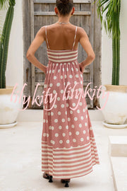 Striped Polka-dot Print Sling Pleated Open-back Maxi Dress