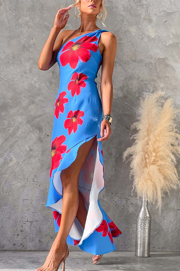 Stunning Muse Floral Print One Shoulder Irregular Ruffles Slit Maxi Dress
