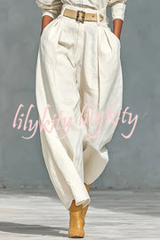 Fashionable Round Neck Long-sleeved Casual Top and High Waist Pocket Loose Wide-leg Pants Set