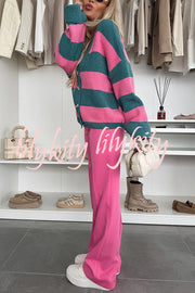 Fashion Contrast Striped Casual V-neck Long-sleeved Knitted Cardigan
