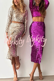 Solid Sequined Long-sleeved Crop Top and Sexy Slit Midi Skirt Set