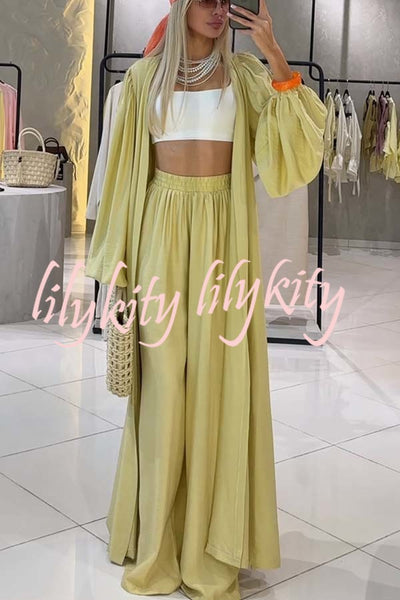 Beach Cottage Open Front Long Pleated Lantern Sleeve Long Cover-up Jacket
