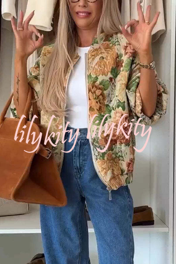 Floral Print Loose Long-sleeved Zip-up Jacket